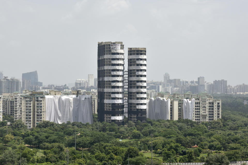 NOIDA, INDIA  AUGUST 25: A view of the Supertech Twin Towers at Sector 93, on August 25, 2022 in Noida, India. The final review of preparations for demolition of Supertech's illegal twin towers was done on Thursday and they will be razed as per schedule on August 28 at 2.30 pm, Noida Authority CEO Ritu Maheshwari said. (Photo by Sunil Ghosh/Hindustan Times via Getty Images)NOIDA, INDIA  AUGUST 25: A view of the Supertech Twin Towers at Sector 93, on August 25, 2022 in Noida, India. The final review of preparations for demolition of Supertech's illegal twin towers was done on Thursday and they will be razed as per schedule on August 28 at 2.30 pm, Noida Authority CEO Ritu Maheshwari said. (Photo by Sunil Ghosh/Hindustan Times via Getty Images)