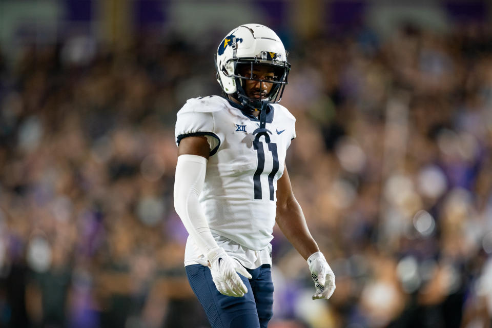FORT WORTH, TX - SEPTEMBER 30: West Virginia Mountaineers cornerback Beanie Bishop Jr. (11) waits during a timeout during a college football game between West Virginia Mountaineers and TCU Horned Frogs on Sept 30, 2023, at Amon G Cater Stadium in Fort Worth, TX.(Photo by Christopher Leduc/Icon Sportswire via Getty Images)