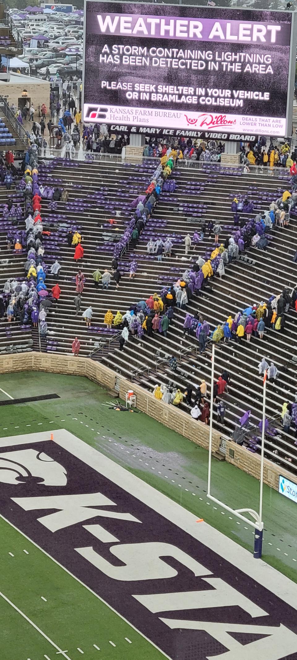 Kansas State's game against Missouri is in a weather delay with lightning in the area. K-State leads 14-3 with 7:44 left in the first half.