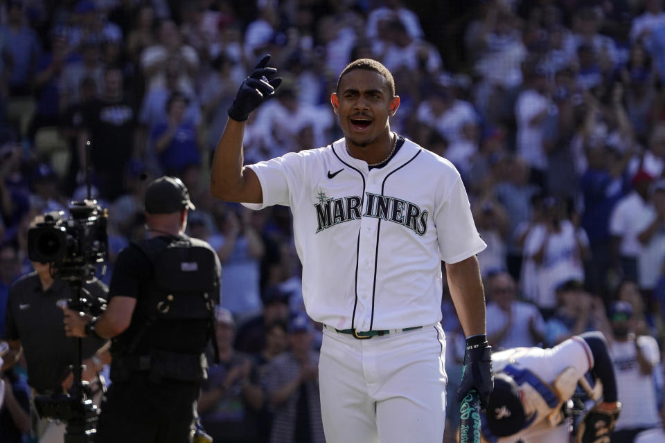 American League's Julio Rodriguez, of the Seattle Mariners, reacts during the MLB All-Star baseball Home Run Derby, Monday, July 18, 2022, in Los Angeles. (AP Photo/Mark J. Terrill)