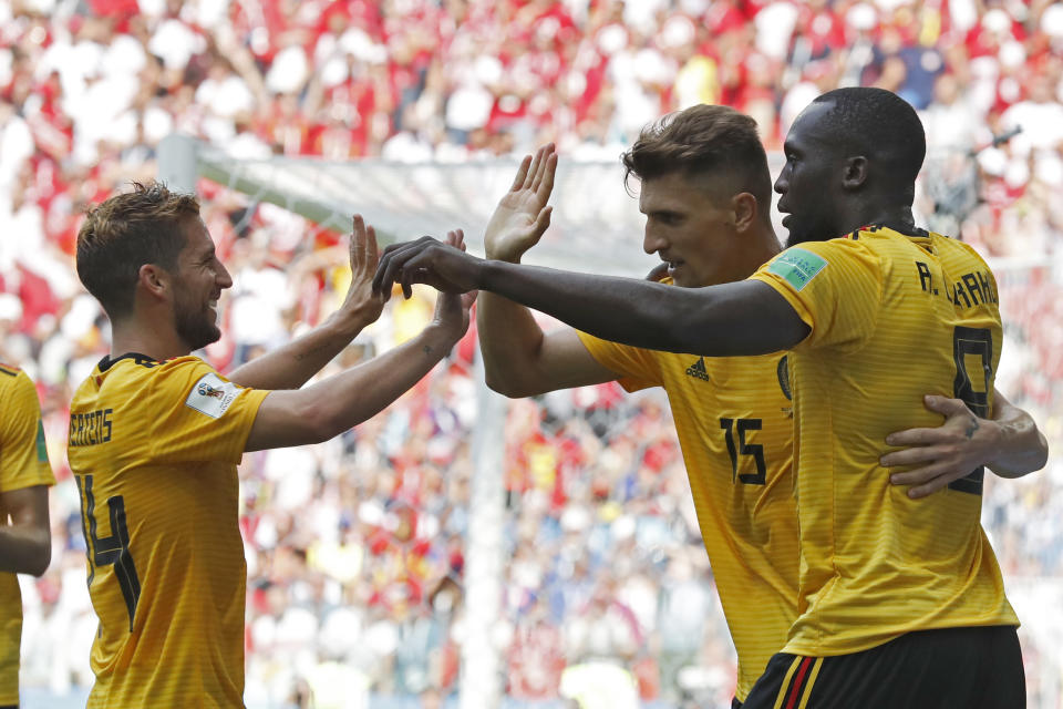 <p>Belgium’s Romelu Lukaku, right, celebrates with teammates Dries Mertens, left, and Thomas Meunier after scoring their team’s third goal. </p>