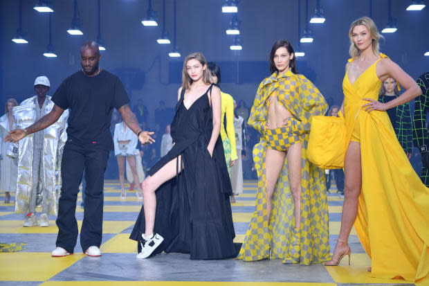 Virgil Abloh, Gigi Hadid, Bella Hadid and Karlie Kloss during the finale of the Off-White Fall 2019. Photo: Pascal Le Segretain/Getty Images