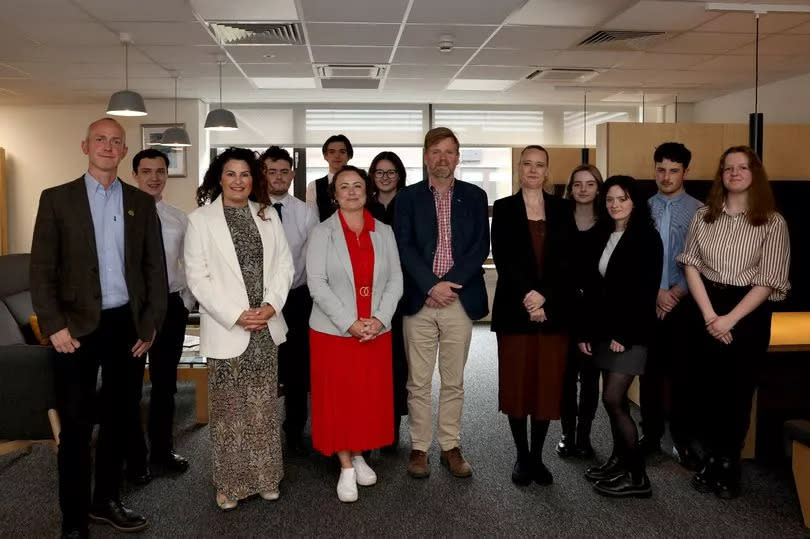 The five candidates taking part in ChronicleLive's general election hustings pictured with students from St Joseph's Academy in Hebburn