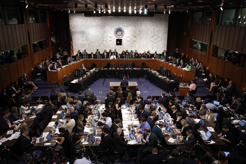 Facebook CEO Mark Zuckerberg testifies before a joint hearing of the Commerce and Judiciary Committees on Capitol Hill in Washington. (AP Photo/Alex Brandon)