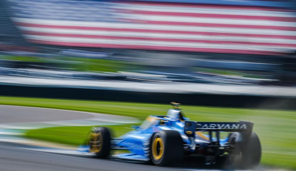 Chip Ganassi Racing driver Jimmie Johnson (48) races around a turn during morning practice before the GMR Grand Prix on Saturday, May 14, 2022, Indianapolis Motor Speedway in Indianapolis. 