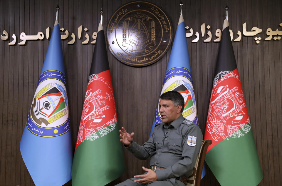 Afghan Interior Minister Masoud Andarabi speaks during an interview to the Associated Press at the Ministry of the Interior in Kabul, Afghanistan, Saturday, March. 13, 2021. (AP Photo/Rahmat Gul)