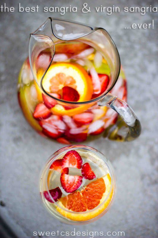 <p>Alcoholic or not, sangria gets a party started.</p><p>Get the recipe from <a href="http://sweetcsdesigns.com/the-tastiest-easiest-white-sangria-virgin-sangria-and-a-huge-giveaway/#_a5y_p=1941163" rel="nofollow noopener" target="_blank" data-ylk="slk:Sweet C's Designs;elm:context_link;itc:0;sec:content-canvas" class="link ">Sweet C's Designs</a>.</p>