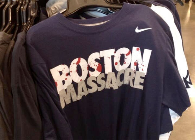 <div class="caption-credit">Photo by: @EricStangel/Twitter</div><div class="caption-title"><b>Nike's Boston Massacre Shirt</b></div>Following the deadly bombings at the Boston Marathon in April, Nike realized one of its products was in bad taste. A T-shirt produced before the horrific attacks, intended for New York Yankees fans and Red Sox rivals, read "Boston Massacre" and featured blood splatter across the type. The company quickly pulled the shirt from shelves and saved itself from a public relations disaster (though photos of the shirt surfaced online).