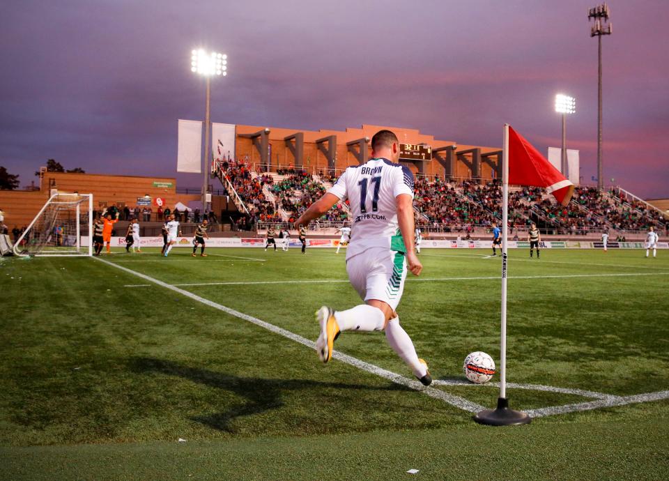 Oklahoma City's Jonathan Brown (17) takes a corner kick in the first half during a USL soccer game March 17, 2018, between the Oklahoma City Energy FC and the Tulsa Roughnecks FC at Taft Stadium in Oklahoma City.