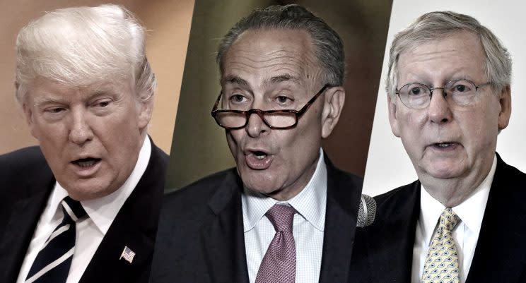 Donald Trump, Chuck Schumer and Mitch McConnell. (Photos: AP, Getty Images)