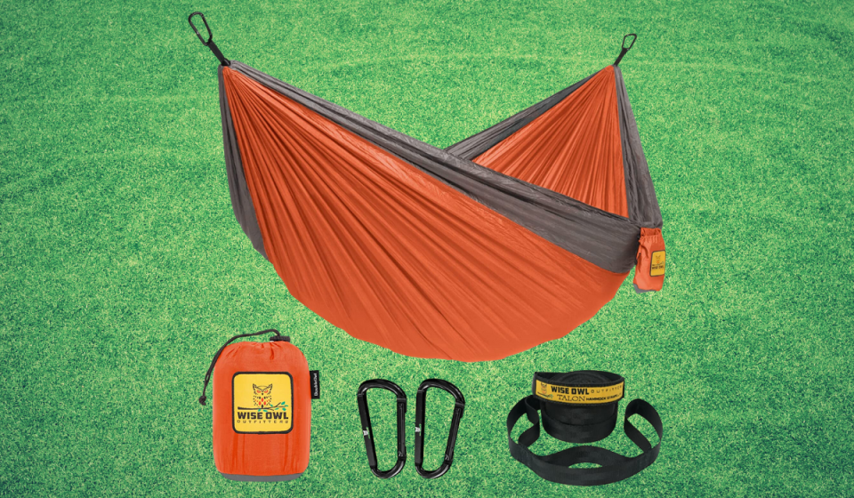 orange hammock with attachments and accesories