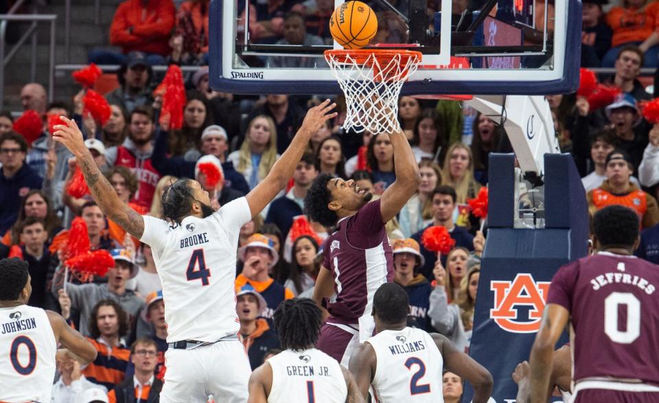 Mississippi State Bulldogs forward Tolu Smith (1) goes up for a layup as Auburn Tigers takes on Mississippi State Bulldogs at Neville Arena in Auburn, Ala., on Saturday, Jan. 14, 2023. Auburn Tigers lead Mississippi State Bulldogs 30-22 at halftime.