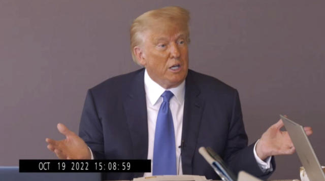 In this image taken from video released by Kaplan Hecker & Fink, former President Donald Trump answers questions during his Oct. 19, 2022, deposition for his trial against writer E. Jean Carroll. The video recording of Trump being questioned about the rape allegations against him was made public for the first time Friday, May 5, 2023, providing a glimpse of the Republican's emphatic, often colorful denials. (Kaplan Hecker & Fink via AP)