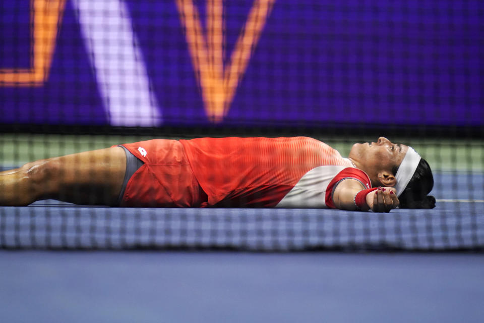 Ons Jabeur, of Tunisia, reacts after defeating Caroline Garcia, of France, during the semifinals of the U.S. Open tennis championships on Thursday, Sept. 8, 2022, in New York.(AP Photo/Charles Krupa)