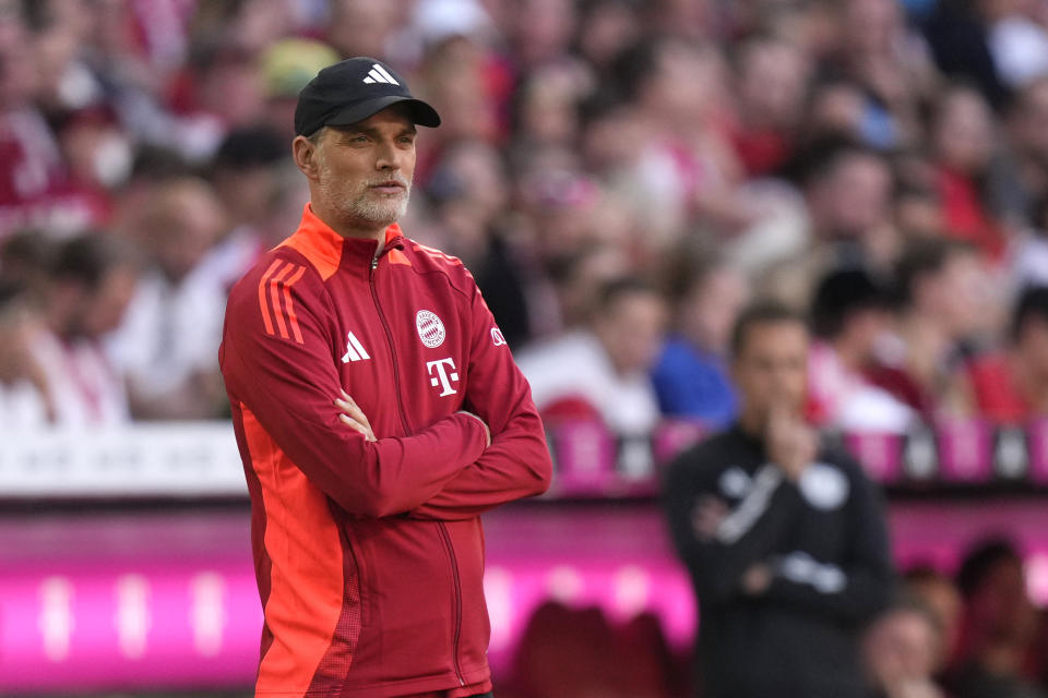 Bayern's head coach Thomas Tuchel follows the game during the German Bundesliga soccer match between Bayern Munich and VfL Wolfsburg at the Allianz Arena in Munich, Germany, Sunday, May 12, 2024. (AP Photo/Matthias Schrader)