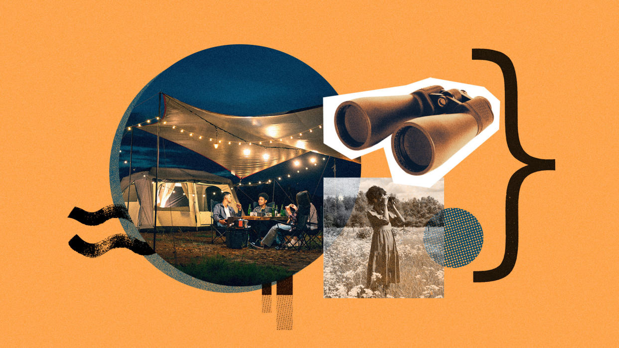  Photo collage of people camping, a woman using binoculars, and a product shot of a pair of binoculars. 