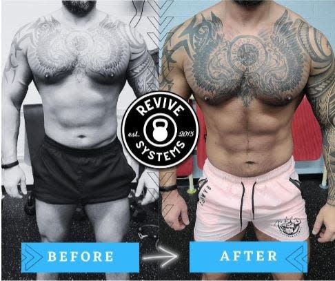 A before and after look of a client of Mike Over's Revive fitness coaching program.