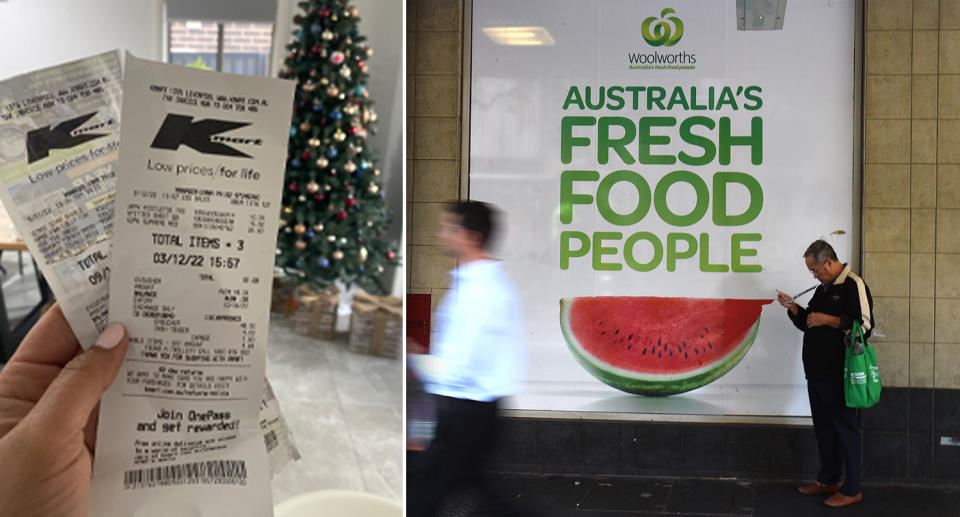 Two Kmart receipts are held in front of a christmas tree, while a man checks his receipt outside Woolwoths.