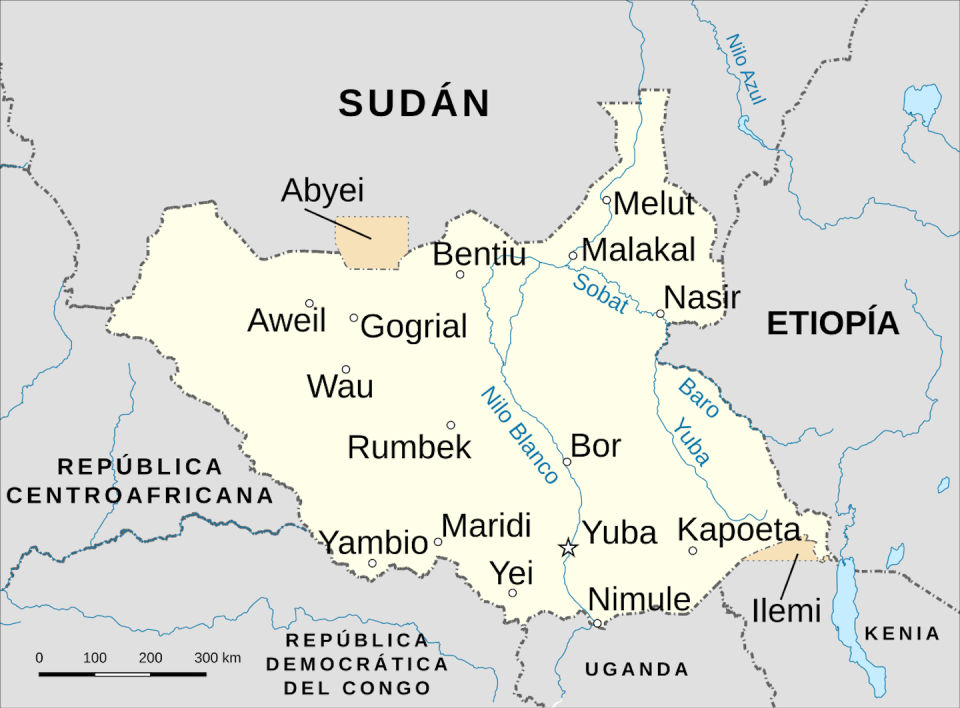 Mapa general de Sudán del Sur, con Sudán al norte. <a href="https://es.wikipedia.org/wiki/Archivo:Sud%C3%A1nDelSurGeneral2.svg" rel="nofollow noopener" target="_blank" data-ylk="slk:Rowanwindwhistler/Wikimedia Commons;elm:context_link;itc:0;sec:content-canvas" class="link ">Rowanwindwhistler/Wikimedia Commons</a>, <a href="http://creativecommons.org/licenses/by-sa/4.0/" rel="nofollow noopener" target="_blank" data-ylk="slk:CC BY-SA;elm:context_link;itc:0;sec:content-canvas" class="link ">CC BY-SA</a>