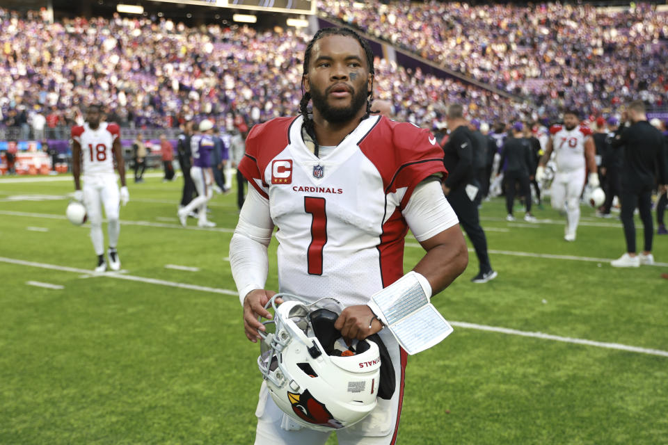 Arizona Cardinals quarterback Kyler Murray (1) walks off the field after a loss to the Minnesota Vikings of an NFL football game Sunday, Oct. 30, 2022, in Minneapolis. (AP Photo/Abbie Parr)