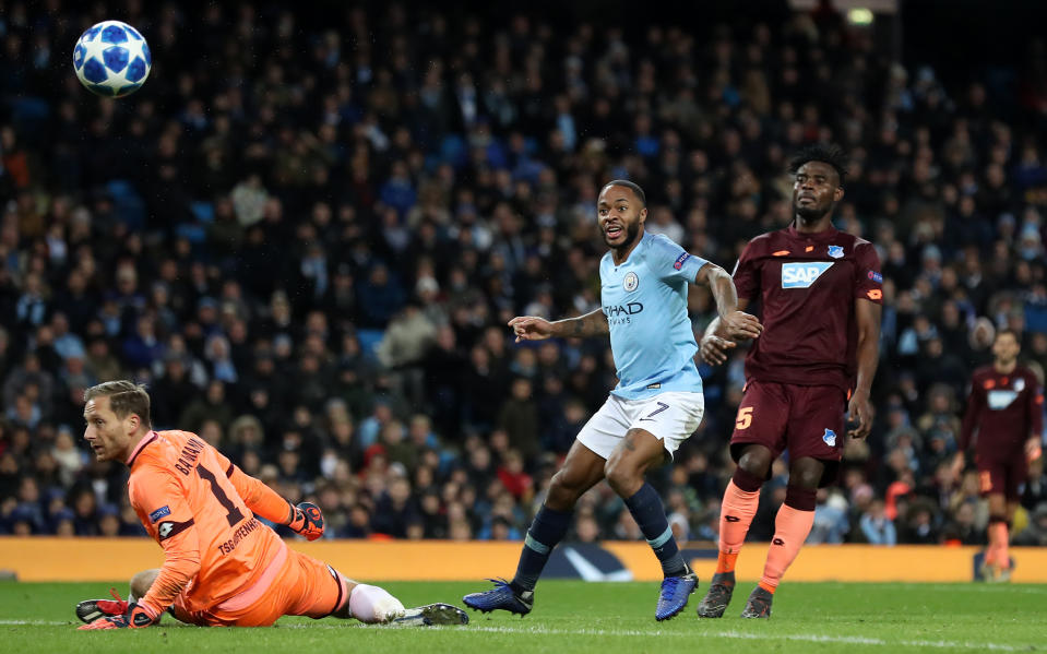 Sterling failed to find the net from close range. (Martin Rickett/PA Images)