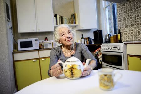 British children's writer and illustrator Judith Kerr chats as she sits in her kitchen at her home in west London, Britain September 30, 2015. REUTERS/Dylan Martinez