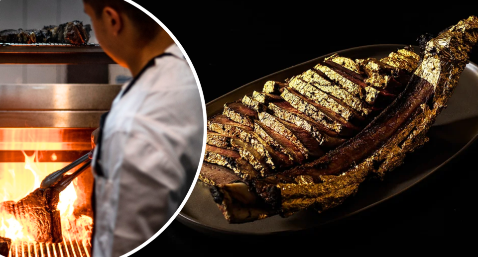 insert of chef cooking a steak next to a gold leaf-plated steak