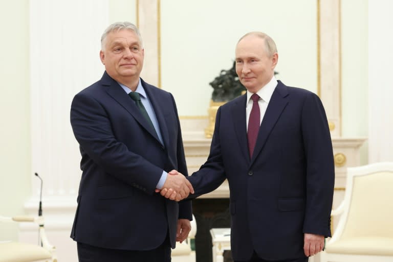 El presidente Vladimir Putin (dcha) recibe al primer ministro Viktor Orban en el Kremlin, el 5 de julio de 2024 en Moscú (Valery Sharifulin)