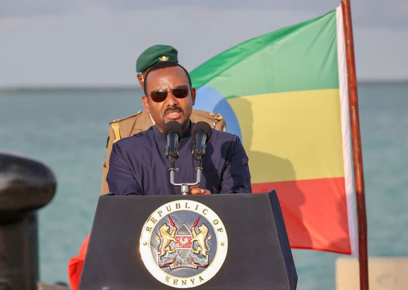 FILE PHOTO: Ethiopian Prime Minister Abiy Ahmed address the media after inspecting ongoing developments at the new 32-berth Lamu Port in Lamu County