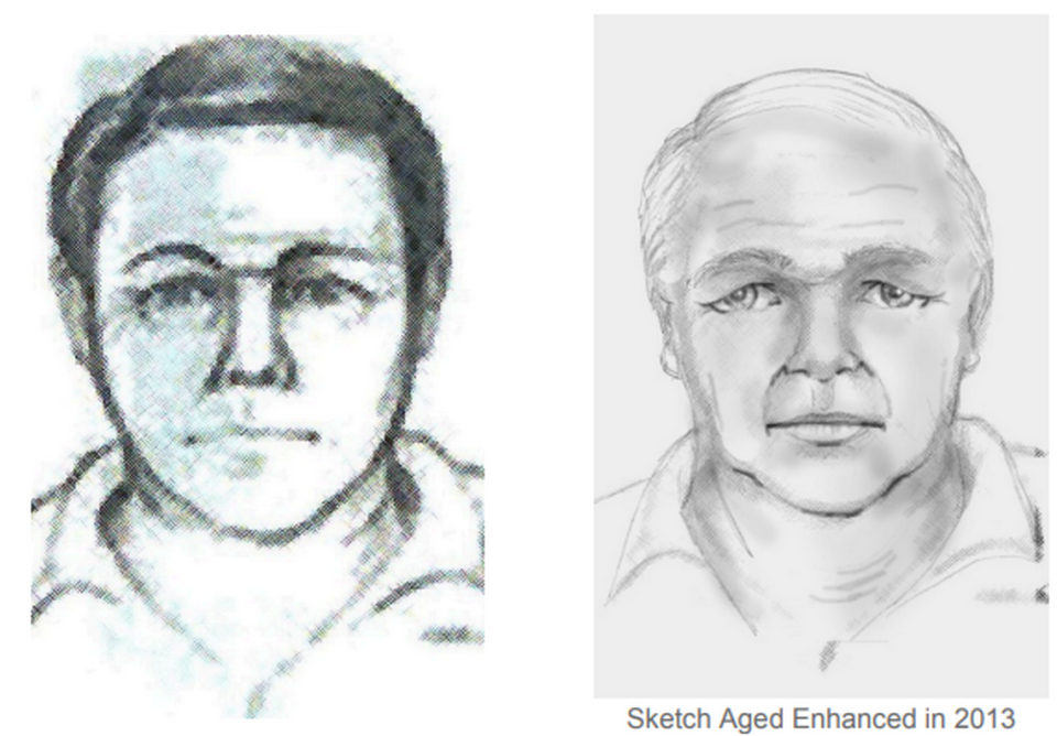 The FBI released a sketch (right) and an aged enhanced version (left) of a “clean cut” white male with blond hair, approximately 5’6” to 5’8” tall and 230 pounds, believed to be between 50 and 53-years-old who was in the bank shortly before the killings.