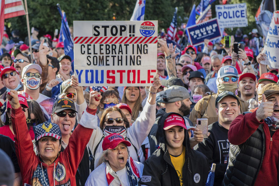 Trump supporters echo Trump's false allegations of voter fraud outside the Supreme Court during the Million Maga March protest on Nov. 14, 2020.  (Photo: Chris Tuite/imageSPACE/MediaPunch /IPX)