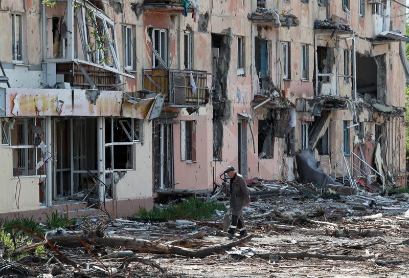 A view shows a damaged building in Mariupol