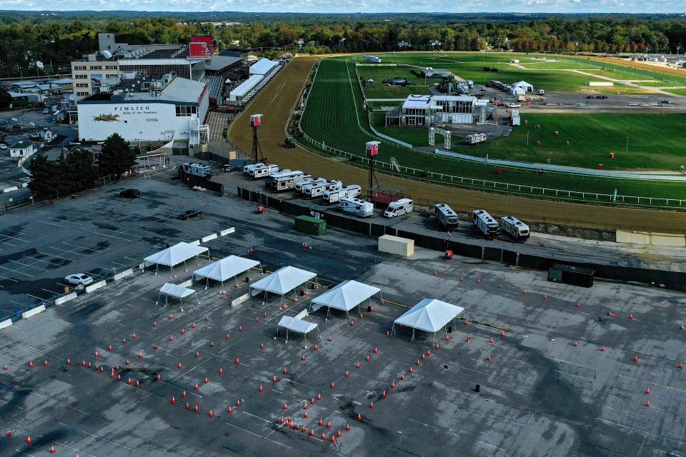 In an aerial view from a drone, COVID-19 testing is seen Oct. 2, the day prior to the 145th Running of the Preakness Stakes at Baltimore's Pimlico Race Course.