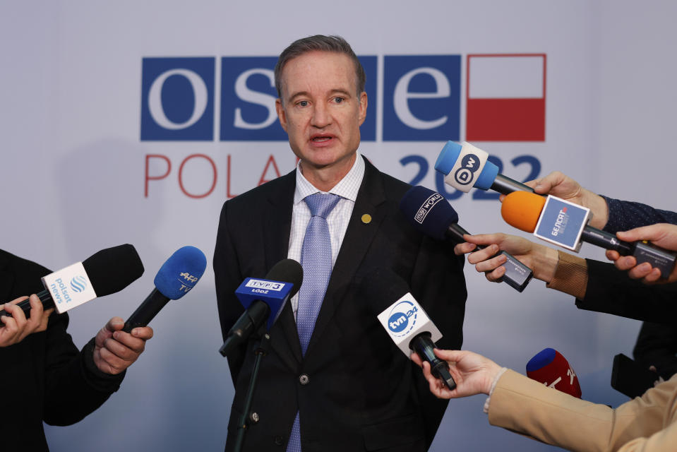 U.S. Permanent Representative to the OSCE, Ambassador Michael R. Carpenter speaks to the media during a high-level meeting of the Organization for Security and Cooperation in Europe in Lodz, Poland, Friday, Dec. 2, 2022. OSCE, a security organization born in the Cold War to maintain peace in Europe, ended a high-level meeting Friday without a final resolution, underlining the existential crisis it is facing amid Russia's war against Ukraine. (AP Photo/Michal Dyjuk)