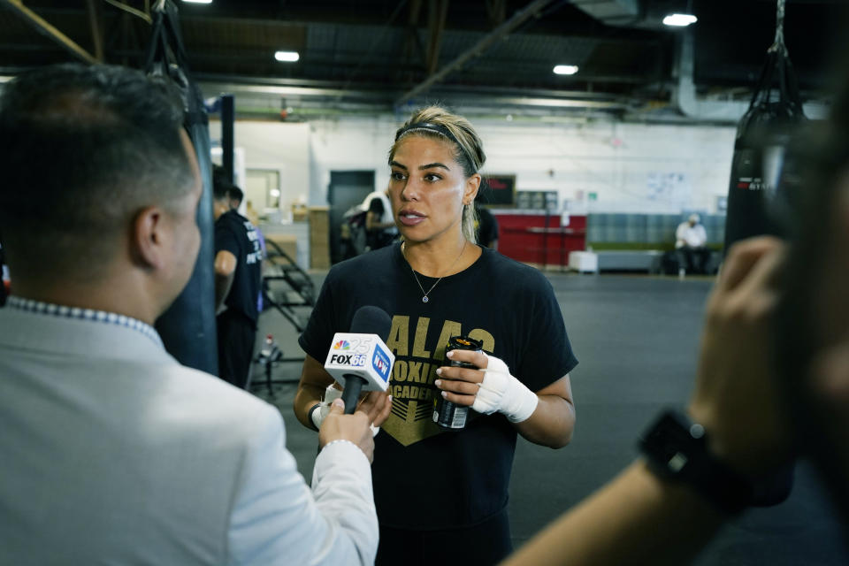 Maricela Cornejo is interviewed, Tuesday, May 30, 2023, in Detroit. The top-ranked contender will box Claressa Shields, the undisputed middleweight champion on Saturday. (AP Photo/Carlos Osorio)