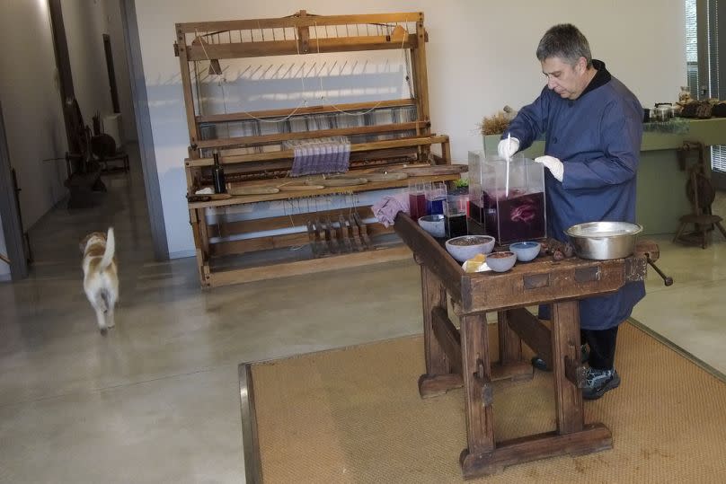 Designer and traditional dyer Claudio Cutuli prepares a rubia tinctorum, rose madder, to make a Pompeii red to dye his own line of clothing