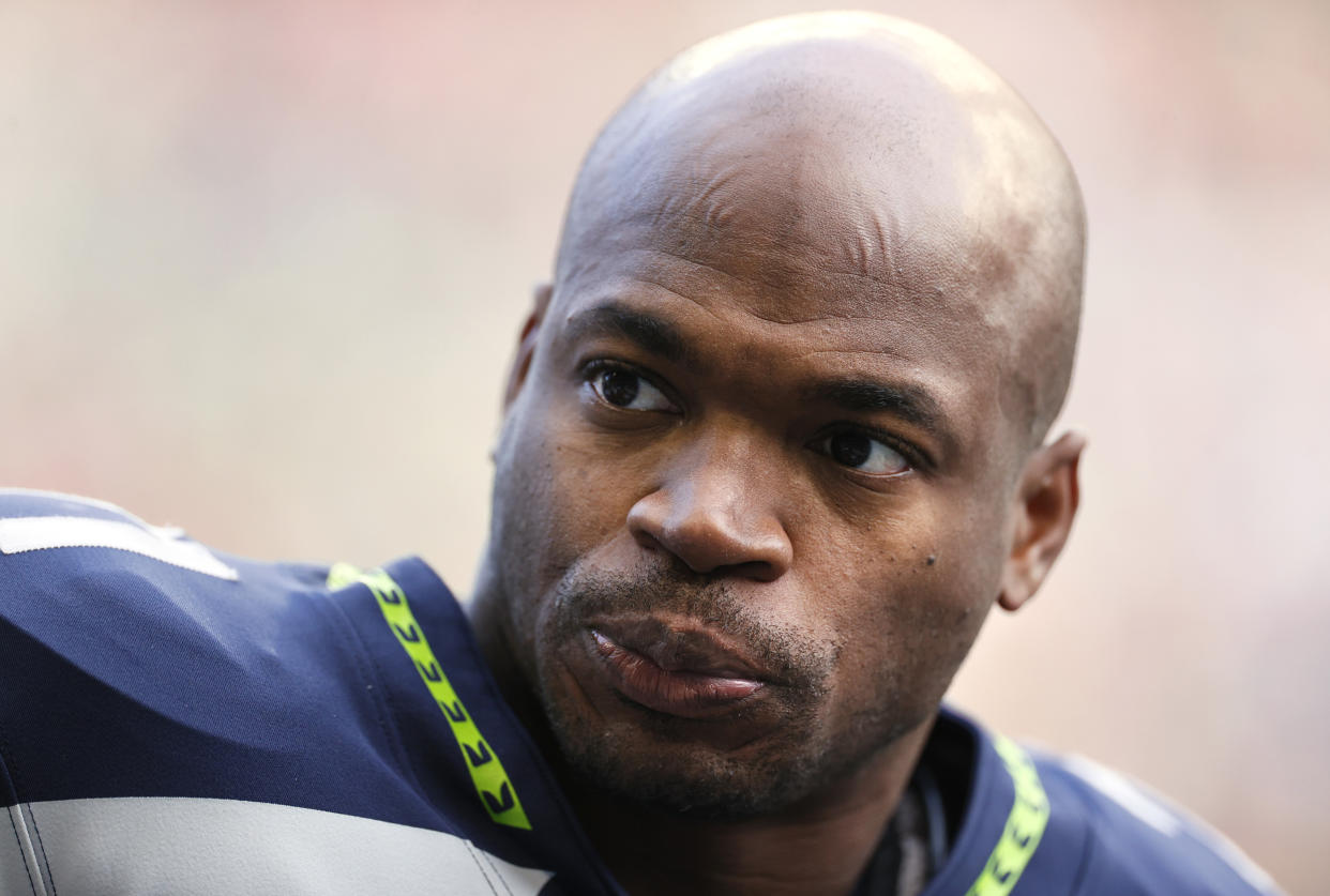 SEATTLE, WASHINGTON - DECEMBER 05: Adrian Peterson #21 of the Seattle Seahawks looks on during the game against the San Francisco 49ers at Lumen Field on December 05, 2021 in Seattle, Washington. (Photo by Steph Chambers/Getty Images)
