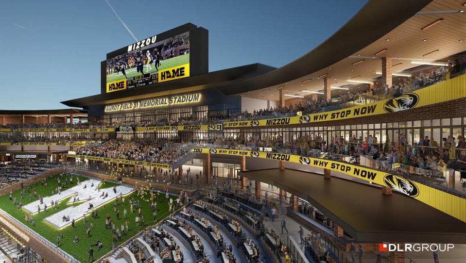 The rock M remains a central feature of the Tigers’ home turf in this rendering of Mizzou’s $250 million Memorial Stadium Improvement project.