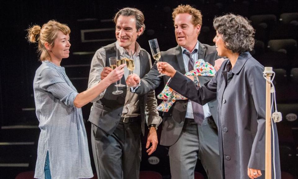 A scene from the National Theatre production of Nina Raine’s Consent, directed by Roger Michell, with, from left, Anna Maxwell Martin, Ben Chaplin, Adam James and Priyanga Burford, 2017.