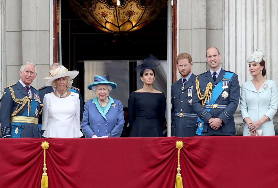 The British royal family on the balcony of Buckingham Palace, as members of the Royal Family attend events to mark the centenary of the RAF on July 10, 2018 in London, England.