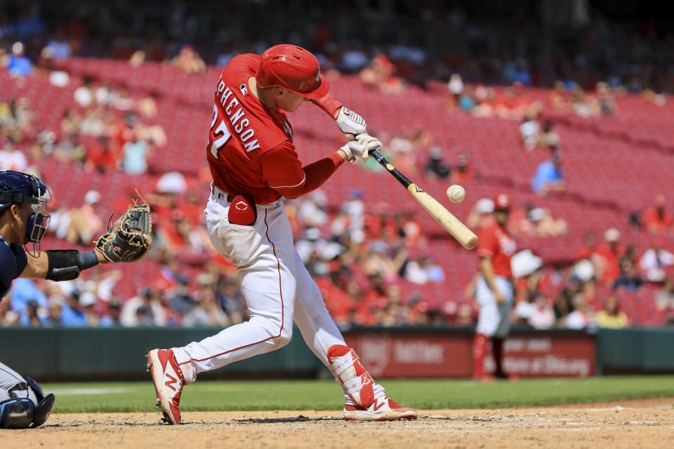 Cincinnati Reds' Tyler Stephenson hits a single during the sixth inning of a baseball game against the Tampa Bay Rays in Cincinnati, Sunday, July 10, 2022. The Reds won 10-5. (AP Photo/Aaron Doster)
