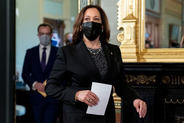 Vice President Kamala Harris arrives to swear in Pete Buttigieg as secretary of transportation in the White House complex on Wednesday.