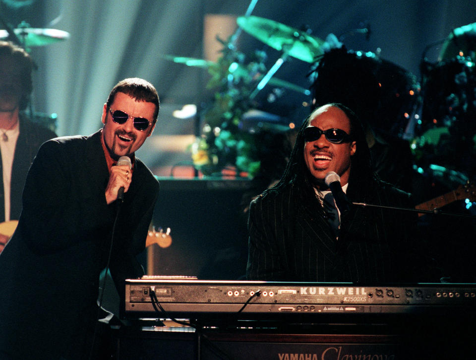 George Michael and Stevie Wonder teamed up a number of times over the years. (Patrick Downs/Los Angeles Times via Getty Images)