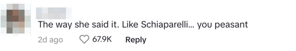 Comment on social media post: "The way she said it. Like Schiaparelli, you peasant." 67.9K likes
