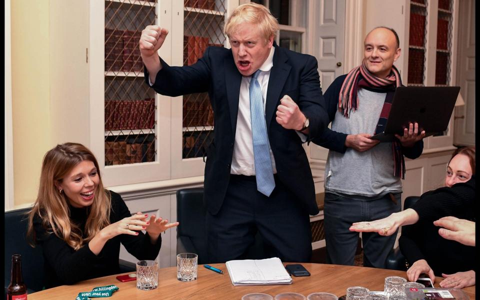 Carrie Symonds, Boris Johnson and Dominic Cummings celebrate the result of the 2019 election - Parsons Media/Andrew Parsons