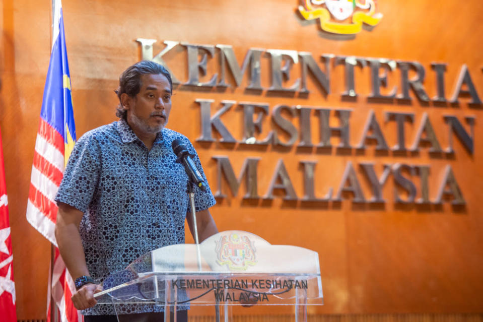 Health Minister Khairy Jamaluddin delivers his speech during the launching of a health protection scheme for the B40 group (PeKa B40) at the Ministry of Health in Putrajaya, April 28, 2022. &#x002014; Picture by Shafwan Zaidon