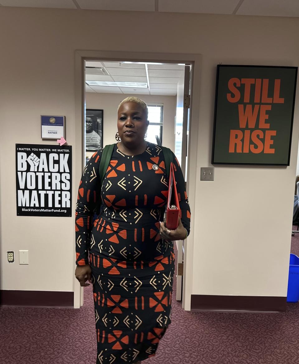 Florida Rep. Michele Rayner leaves her office after discussing a bill that would ban rainbow and Black Lives Matter flags from being displayed in government buildings on Wednesday, Jan. 17, 2024, in Tallahassee, Florida. (AP Photo/Brendan Farrington)