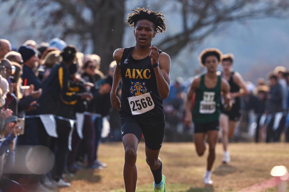 Camerin Williams from Alexis I. DuPont High School wins the boys division II race at the DIAA Cross Country Championships Saturday, Nov. 11, 2023; at Brandywine Creek State Park in Wilmington, DE.