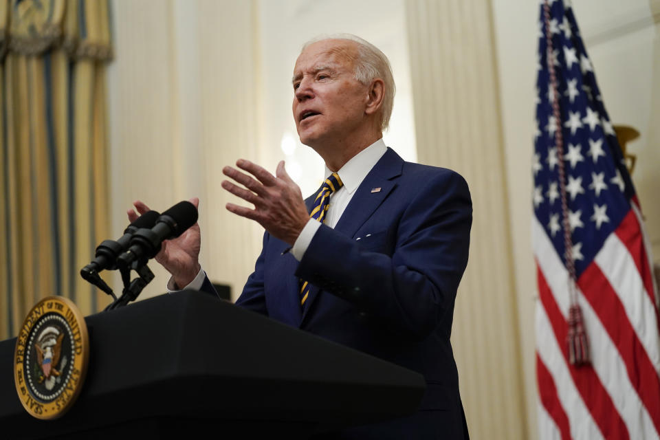 FILE - In this Jan. 22, 2021, file photo President Joe Biden delivers remarks on the economy in the State Dining Room of the White House in Washington. (AP Photo/Evan Vucci, File)