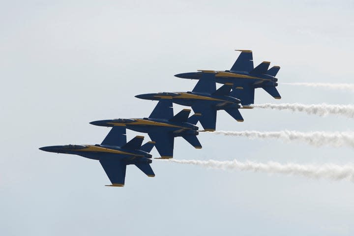 The Blue Angels perform in an air show at Portsmouth International Airport at Pease on Sunday, July 1, 2012